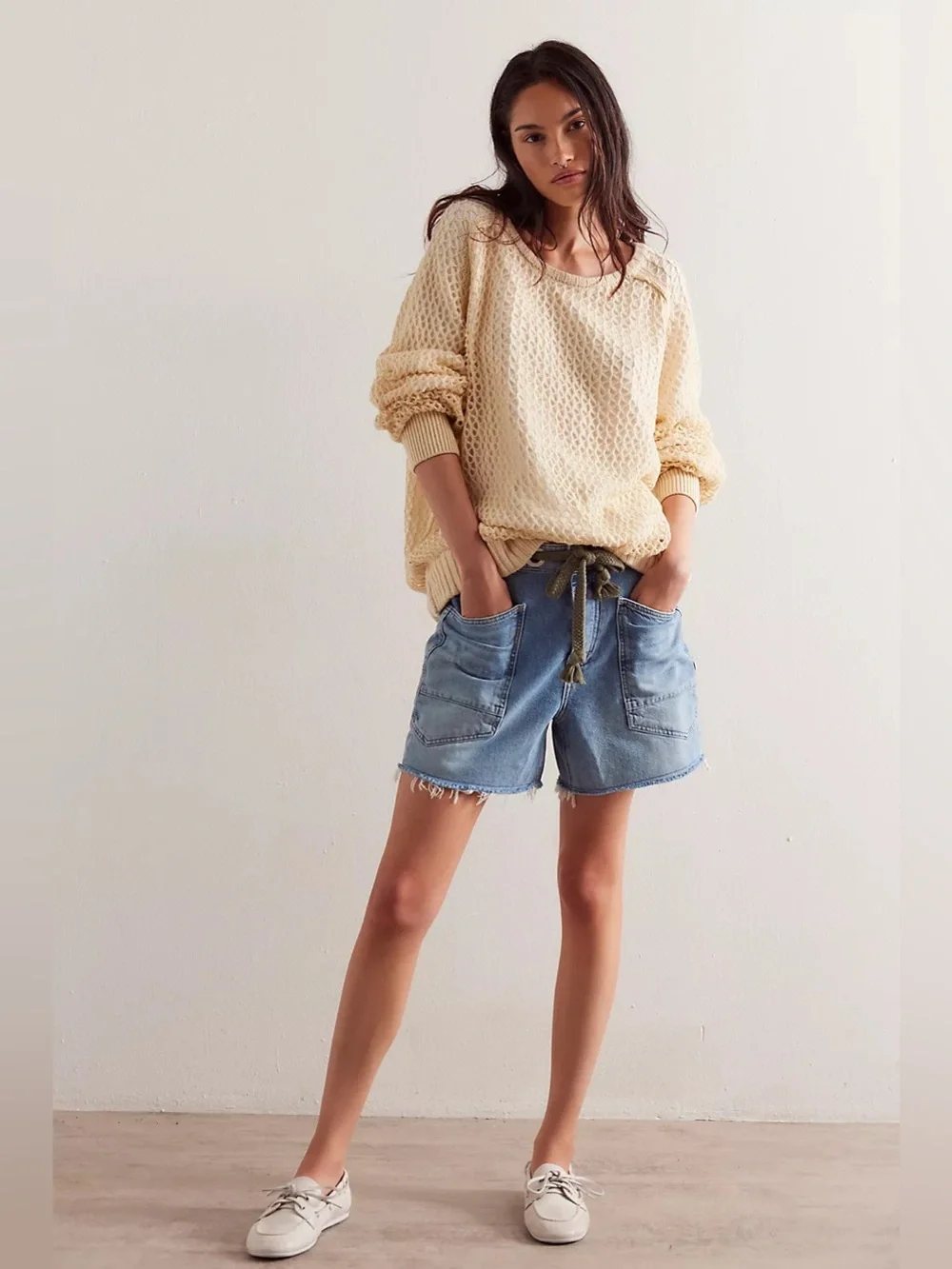 Free People We The Free Moxie Barrel Shorts  Truest Blue Denim with Drawstring